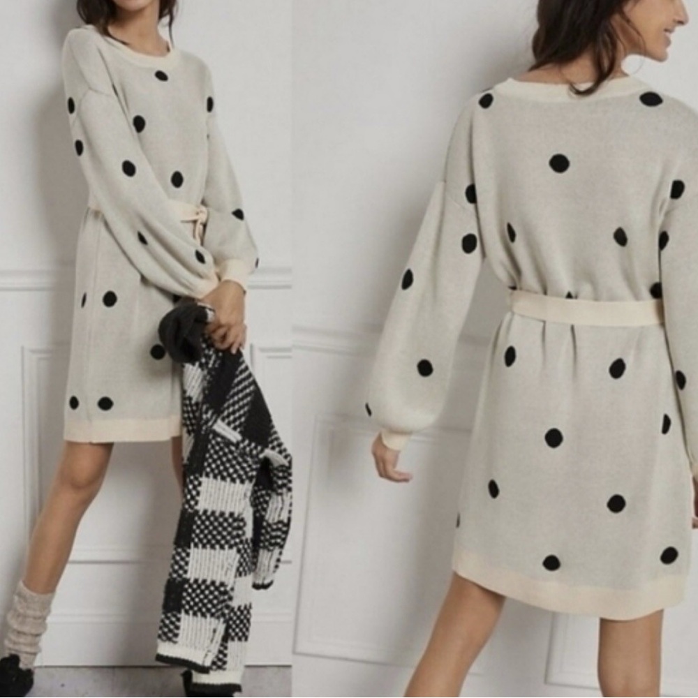 Anthropologie Saturday Sunday Cream & Black Polka Dot Sweater Dress sz small